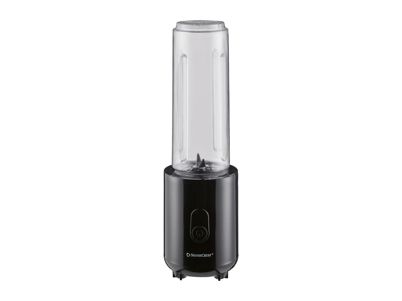 Black personal blender with a clear blending cup.