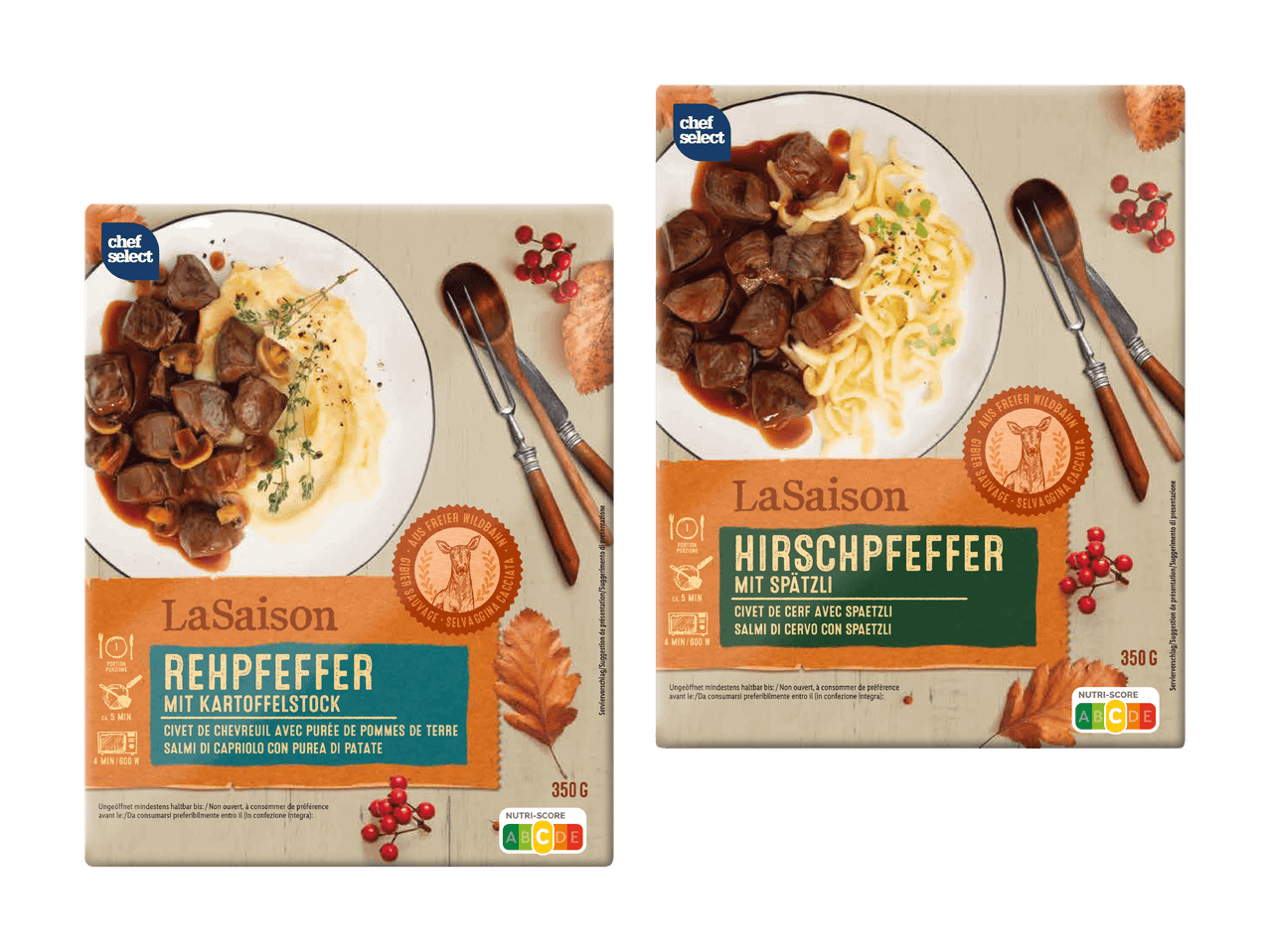 Due confezioni di stufato di selvaggina Chef Select, una con purè di patate e l'altra con spätzli.