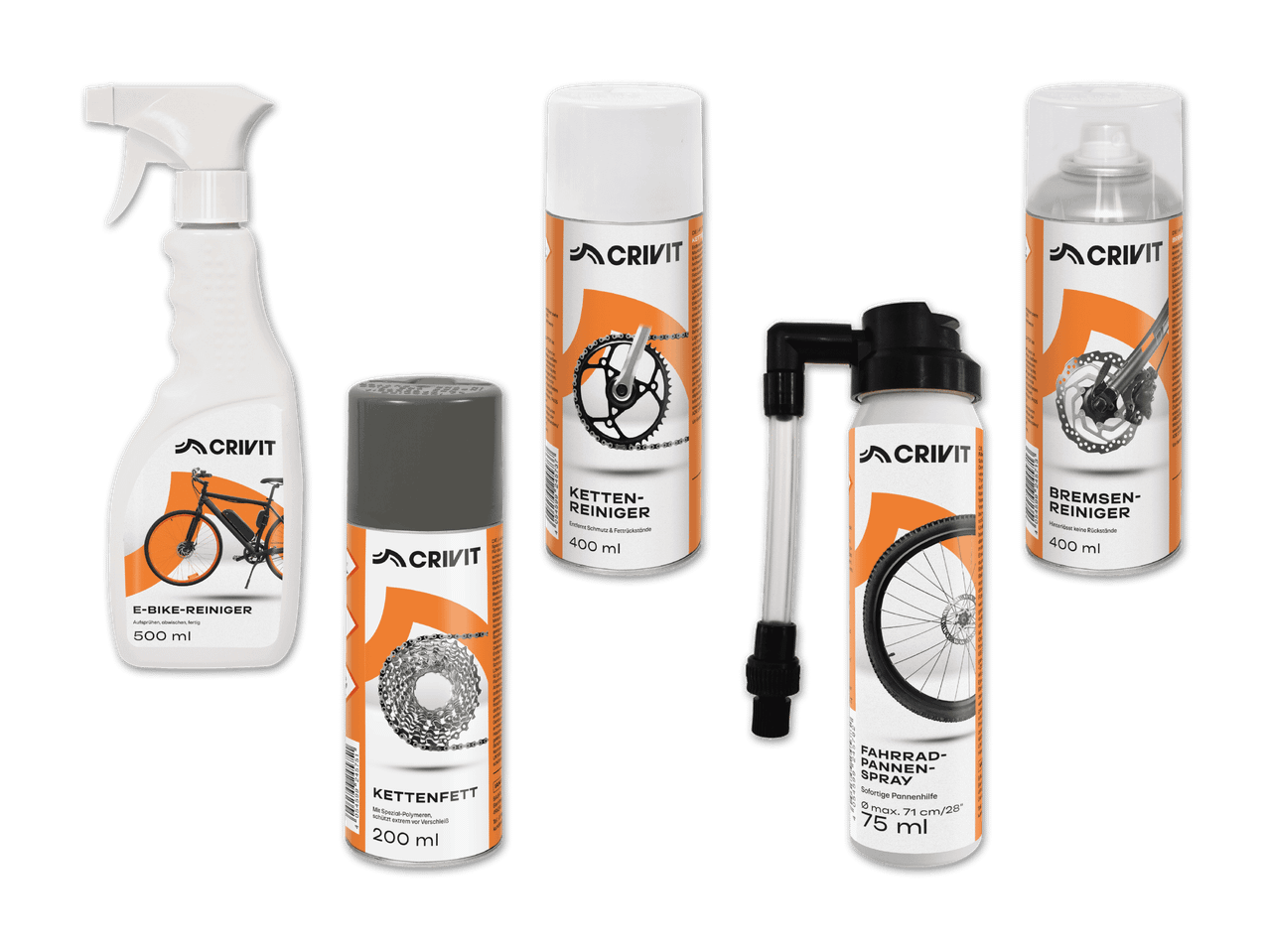 Fahrradpflegeprodukte: E-Bike-Reiniger, Kettenreiniger, Kettenfett, Fahrrad-Pannenspray und Bremsenreiniger.