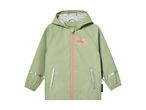 Light green children's rain jacket with a pink zipper and a butterfly graphic.