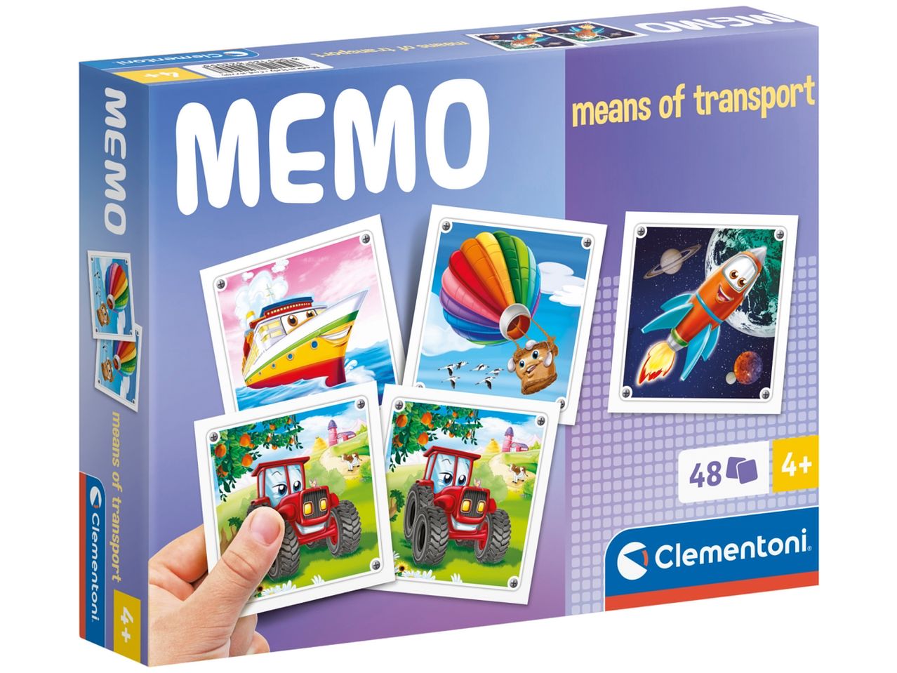 Clementoni's Memo Means of Transport game features 48 illustrated cards for children aged 4+.