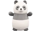 Soft toy panda with white and grey fur, black eyes, and a smiling mouth.