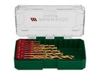 Drill bit set with various sizes from 1.5 to 10 mm in a green and clear case.