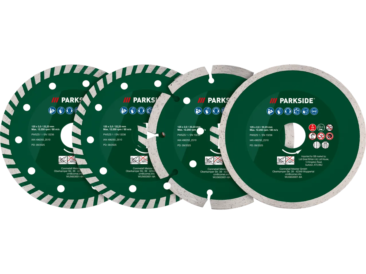 Četiri Parkside® dijamantske rezne ploče za ugaonu brusilicu, sa specifikacijama i detaljima proizvođača.