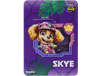 Cartão colecionável da Patrulha Pata com a cachorrinha Skye num fundo roxo com tema de dinossauros.