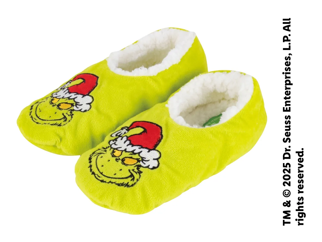 Grinch-themed slippers with a fluffy white lining, featuring the Grinch's face wearing a Santa hat.
