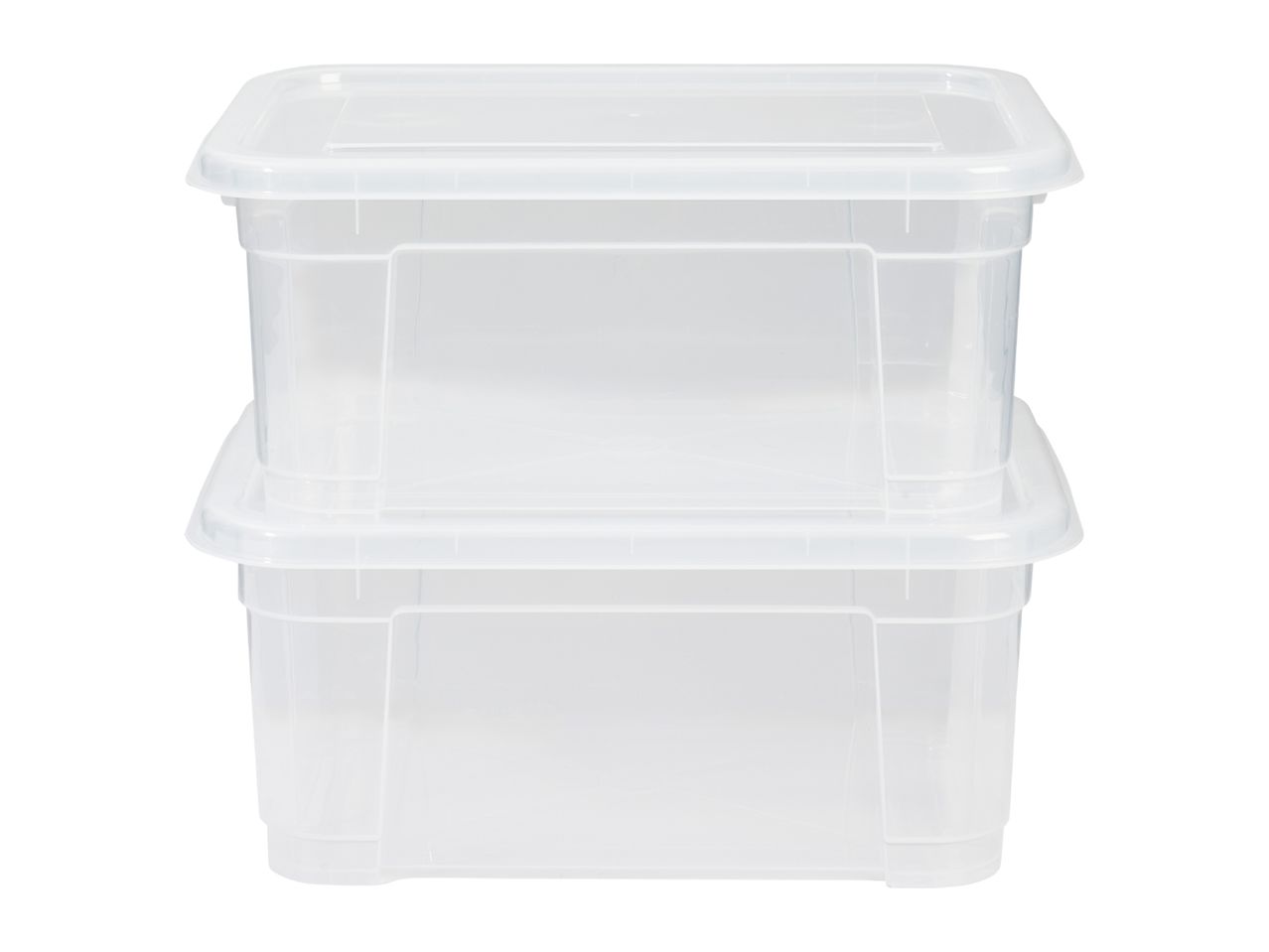 Two stacked clear plastic storage boxes with lids