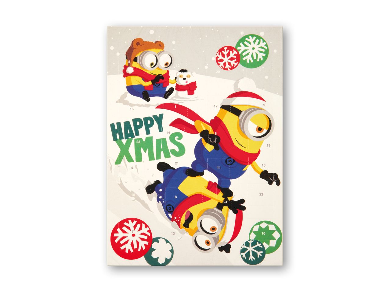 Minions julekalender med tre minions, der leger i sneen, og teksten 'HAPPY XMAS'.
