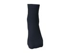 A single dark blue crew sock, standing upright on a white background.