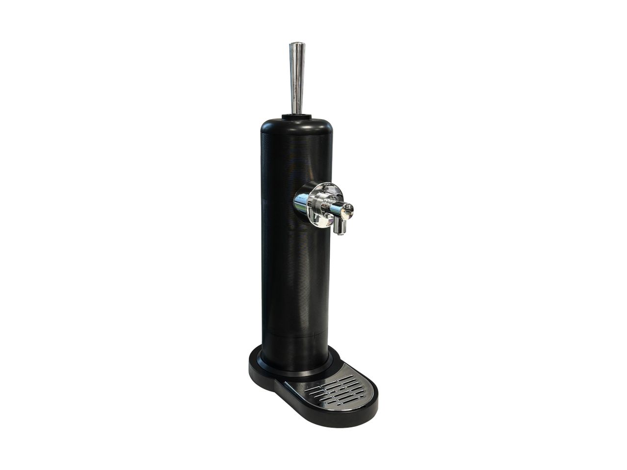 Black beverage dispenser with a chrome tap and drip tray.