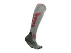 A single grey and red athletic sock with textured patterns.