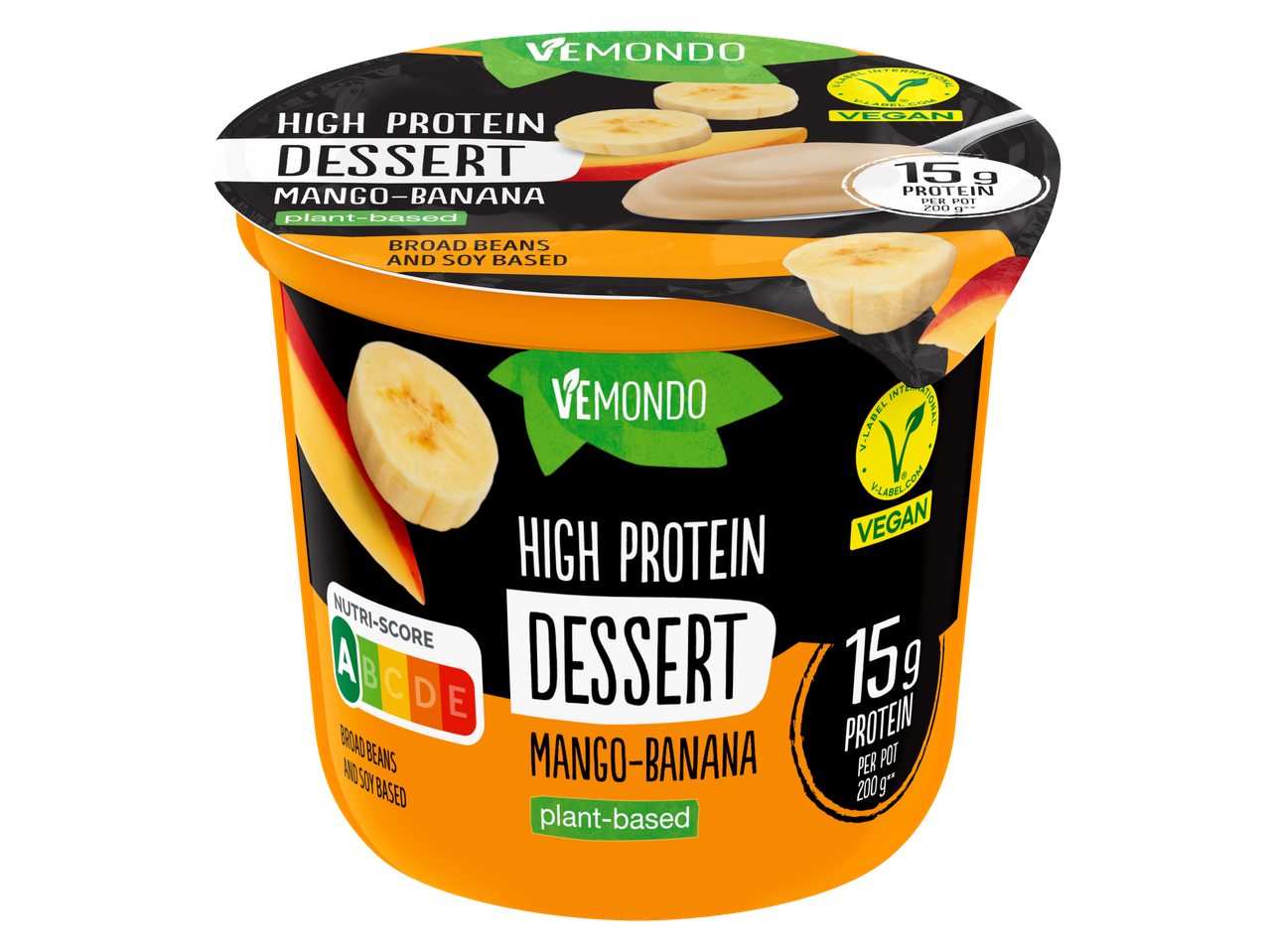Vemondo High Protein Mango-Banaan Dessert, plantaardig en vegan, met 15g eiwit.