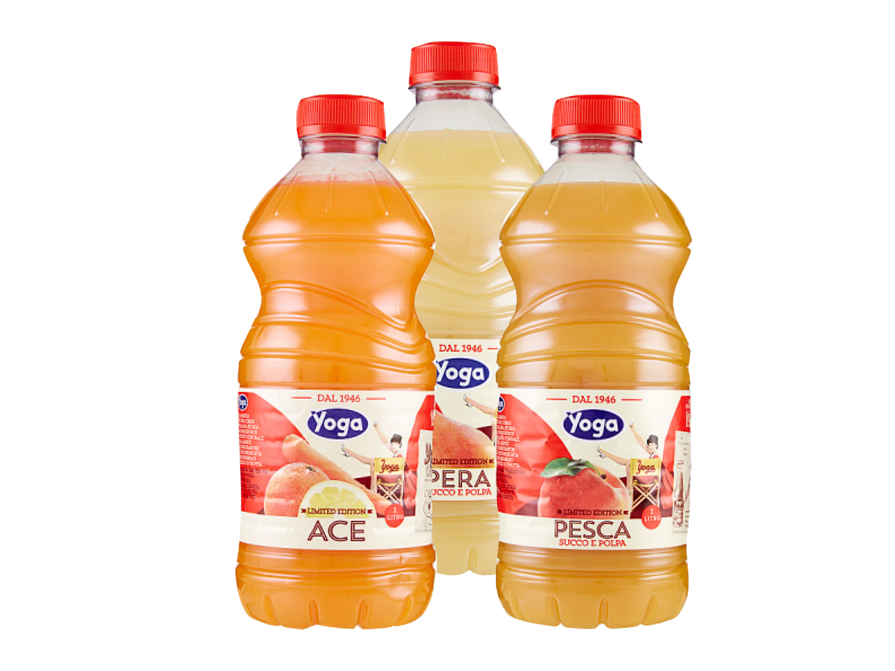 Three Yoga brand juice bottles, two orange and one yellow, with red caps.