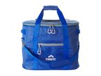 Blue cooler bag with top and front zippers, handles, and an adjustable shoulder strap.