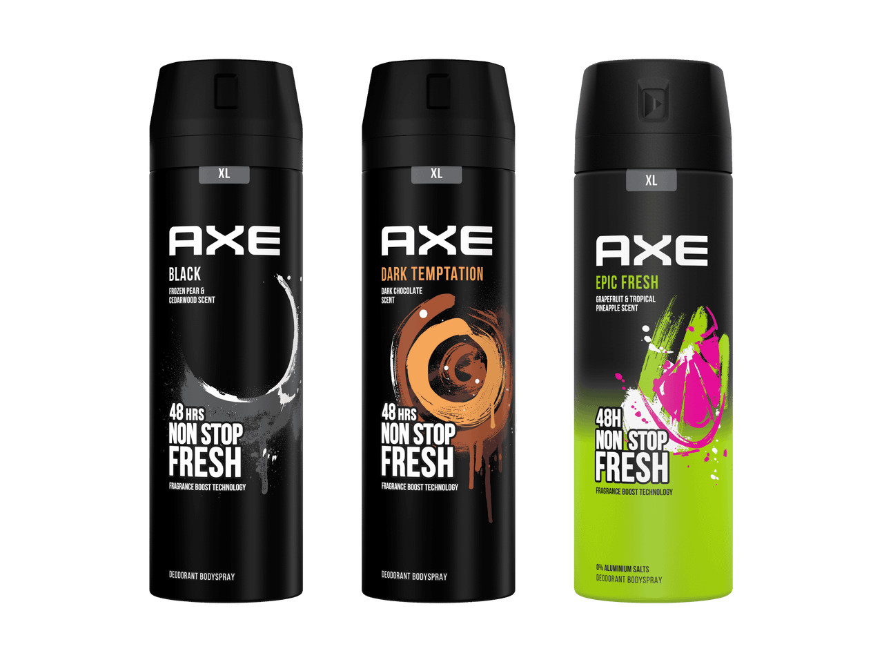 Drei AXE Deodorant Bodysprays in den Sorten Black, Dark Temptation und Epic Fresh.