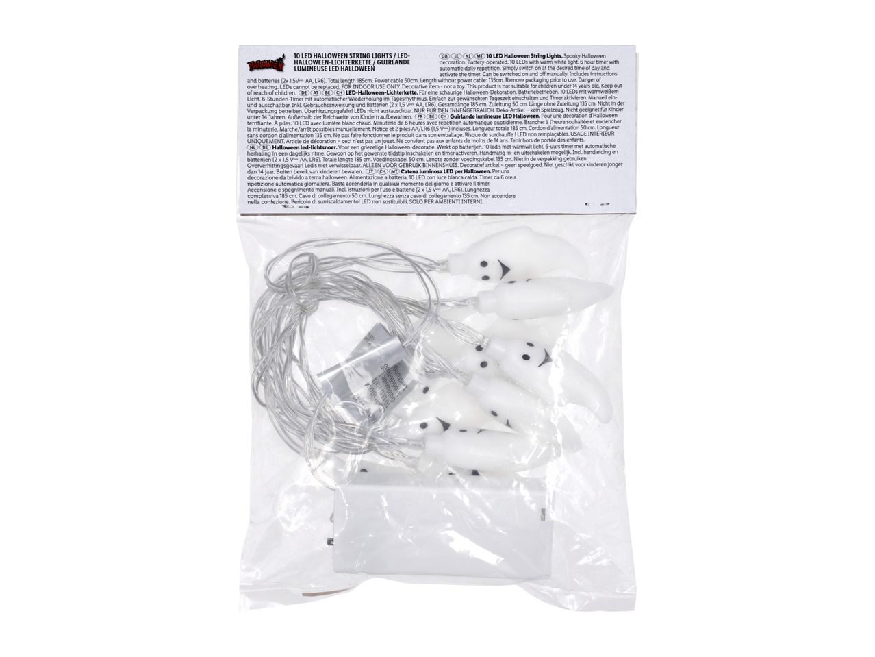 Halloween ghost LED string lights in packaging