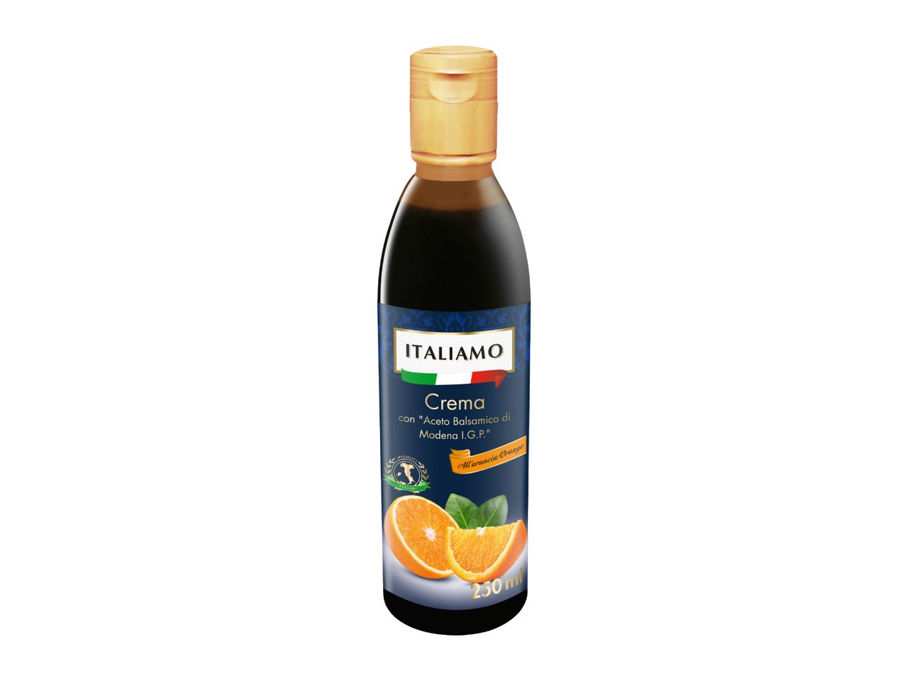 Balsamic cream with orange flavor in a dark bottle with a gold cap, 250ml.