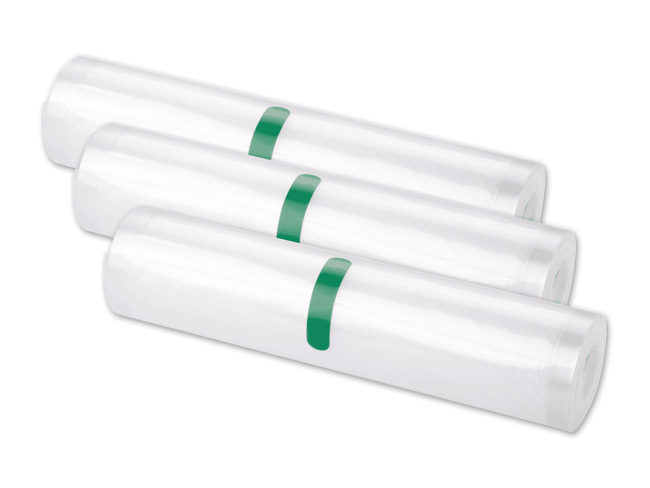 Drei Rollen transparenter Vakuumierbeutel mit grünen Bändern
