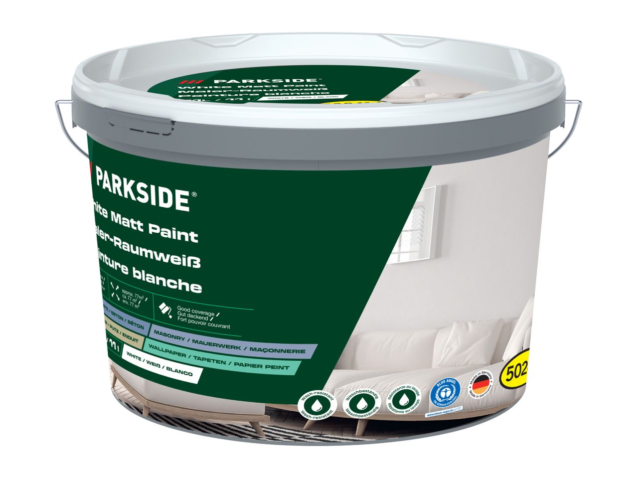PARKSIDE White Matt Paint bucket with a green label, showing coverage, wash-resistance, and eco-label.
