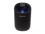 Black Russell Hobbs air purifier with a blue glowing top and power button.