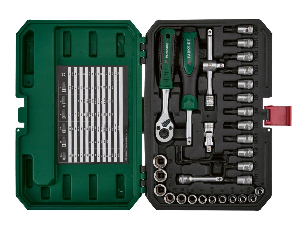 Open tool case with a ratchet, screwdriver, and various bits and sockets, alongside a screw size chart.