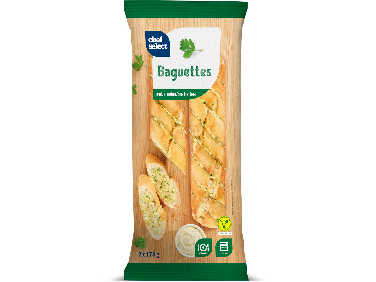 Chef Select Baguettes met kruiden, knoflookbroodplakjes en een dip op een houten achtergrond.