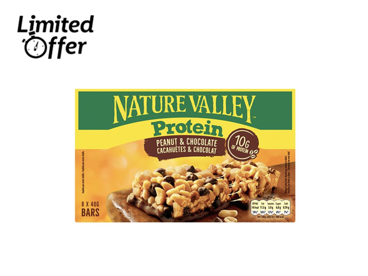 Nature Valley Protein Peanut & Chocolate bars with a 'Limited Offer' label.