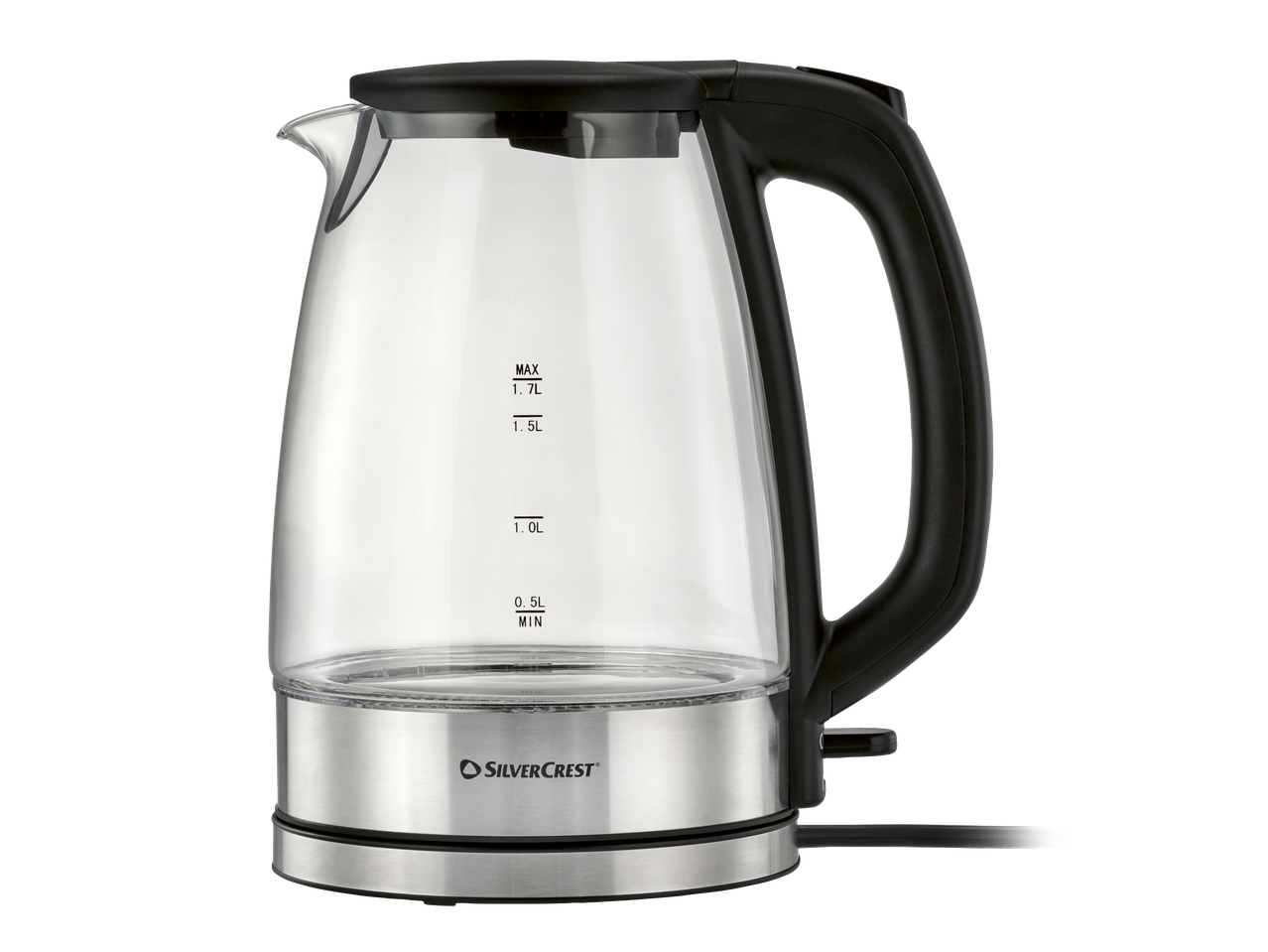 Silvercrest® üveg elektromos vízforraló 1,7 literes űrtartalommal.