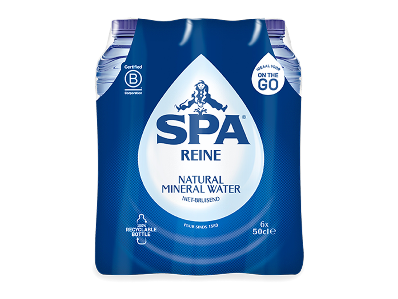 Een verpakking van zes flessen natuurlijk mineraalwater, ideaal voor onderweg.