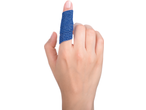 Hand with a blue Sensiplast finger bandage, part of a tape and bandages assortment.