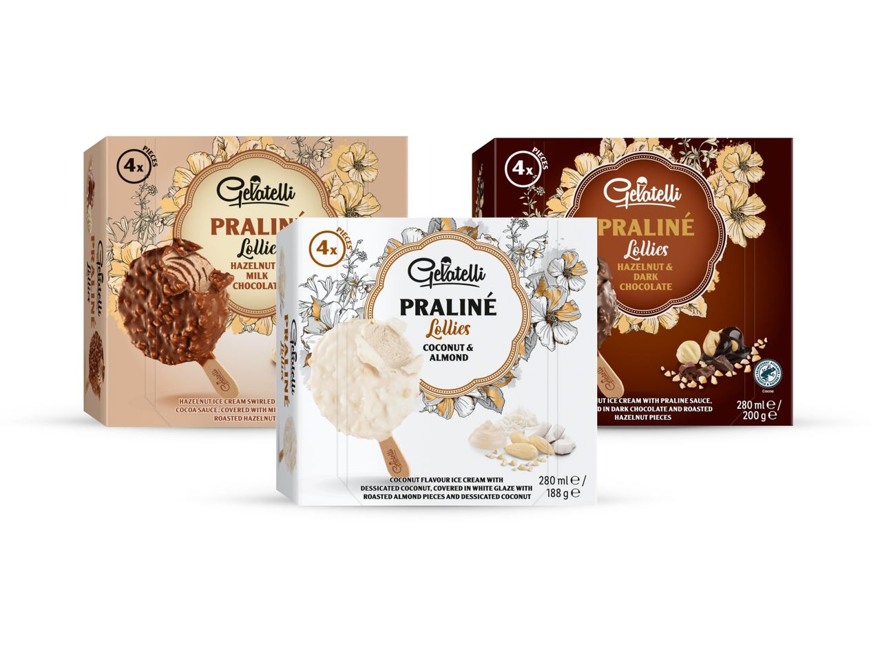 Gelatelli praline sladoledne bombone u tri okusa: lješnjak i mlijeko, lješnjak i tamna čokolada te kokos i badem.