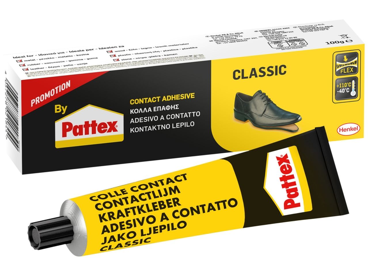 Pattex Classic Contact Adhesive: 100g tube and packaging showing various language options.