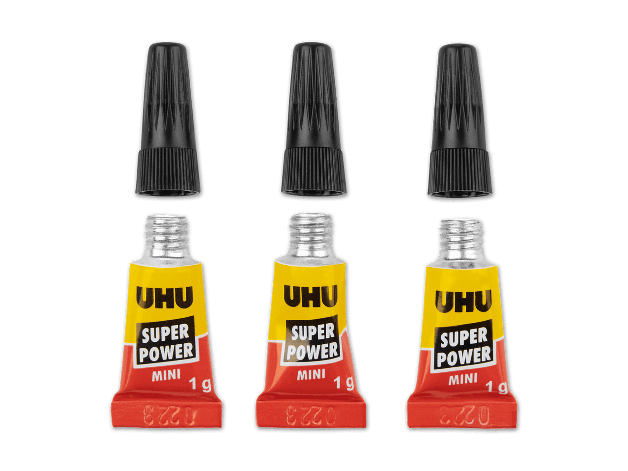 Drei UHU Super Power Mini Klebstofftuben mit 1g Inhalt und abgenommenen schwarzen Kappen.