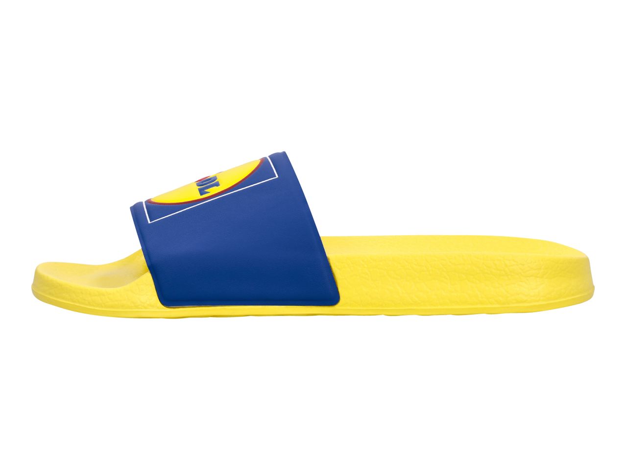 Yellow and blue slide sandal with a circular logo on the strap.