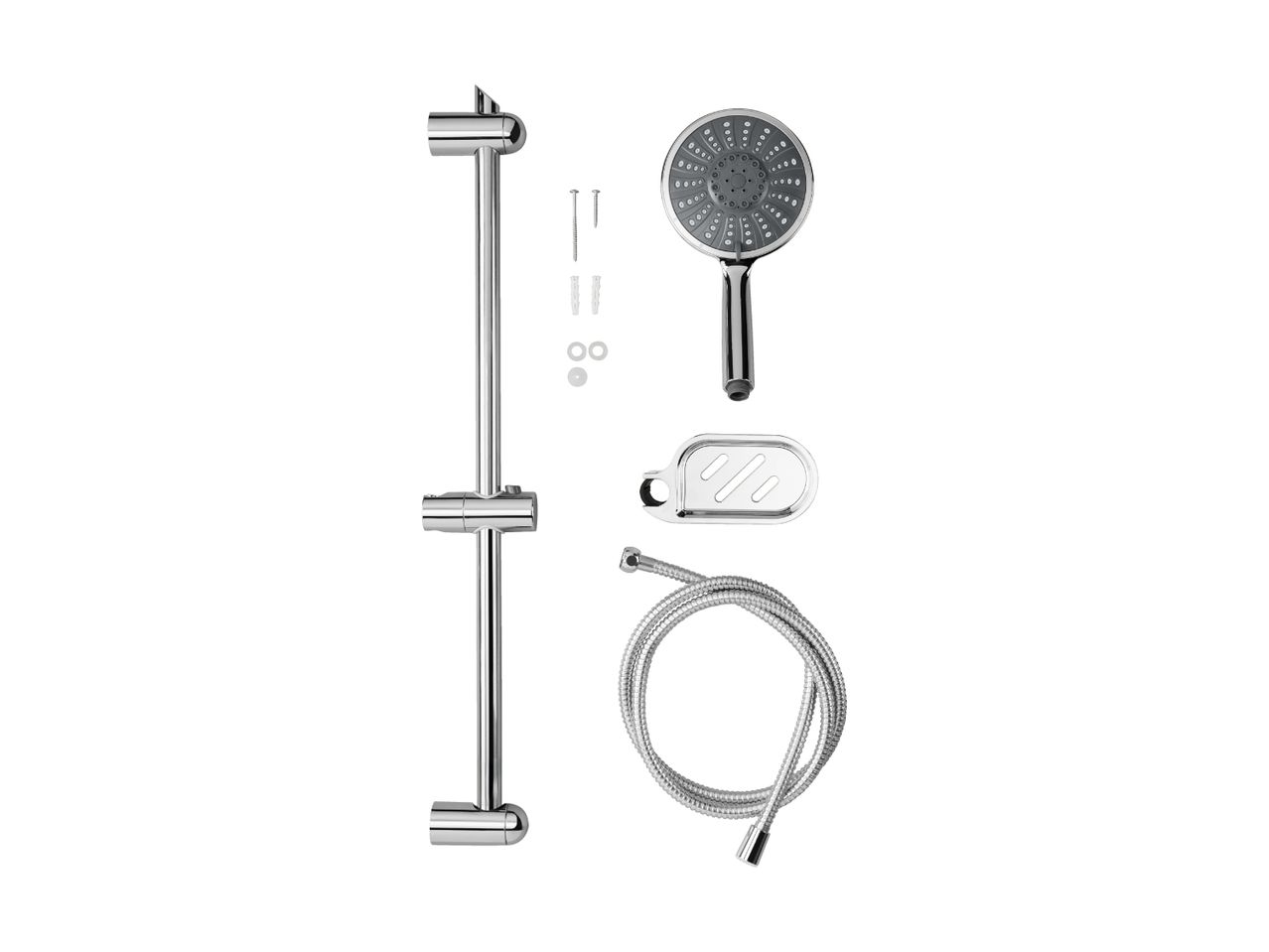 Chrome shower rail set with a multi-function shower head, hose, soap dish, and mounting hardware.