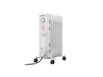Baltas TRONIC® alyvos radiatorius su ratukais ir valdymo pultu.