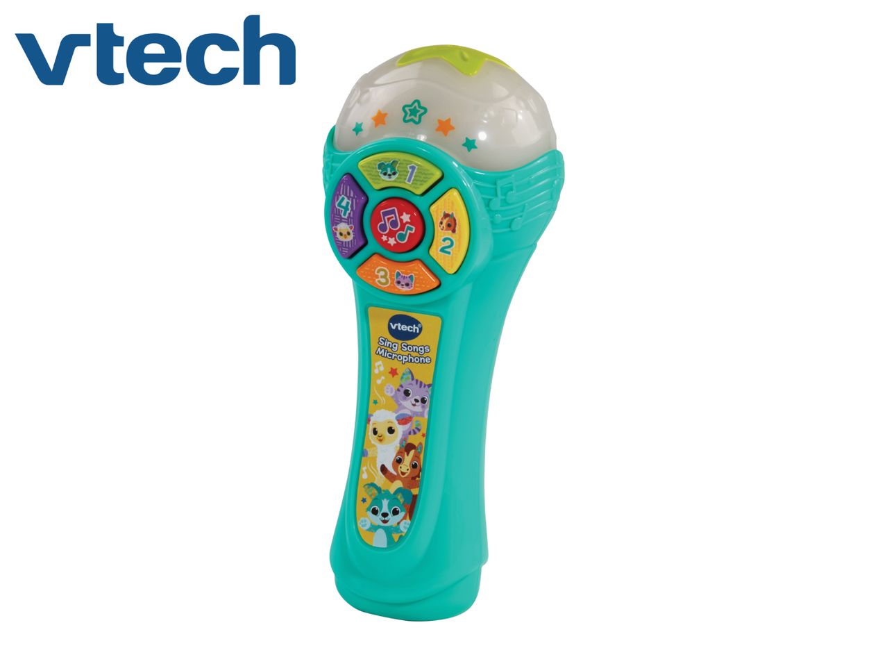 A teal-colored toy microphone with colorful buttons and animal illustrations, labeled 'Sing Songs Microphone'.