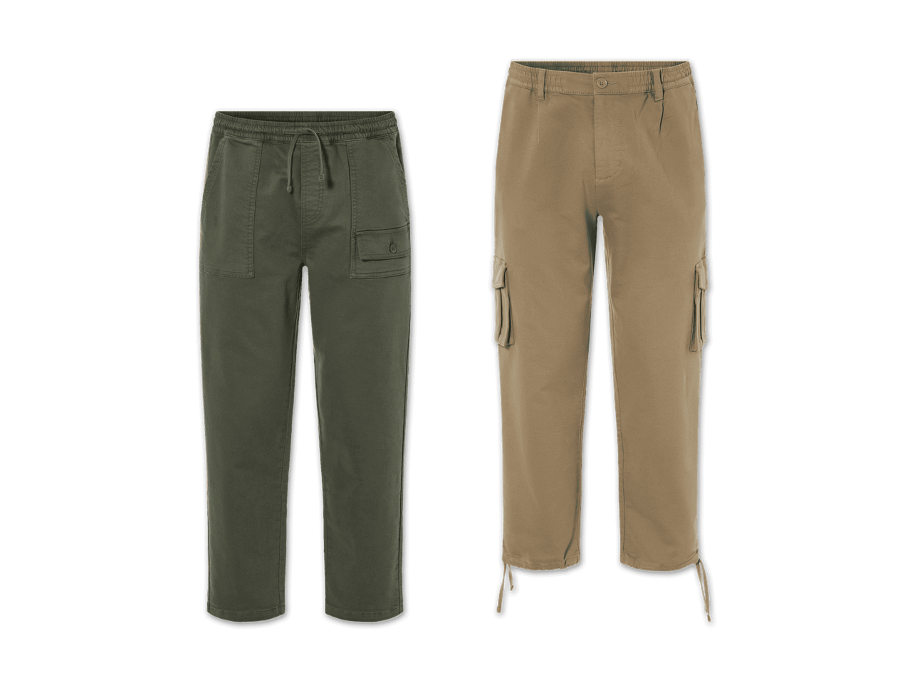 Zwei Hosen in Olivgrün und Beige.