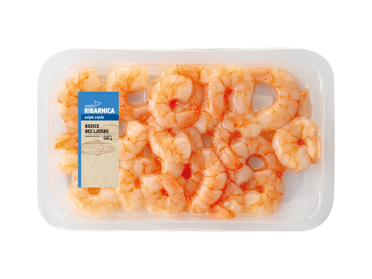 Pakiranje očišćenih kozica s natpisom 'Kozice bez ljuske, 200 g'.