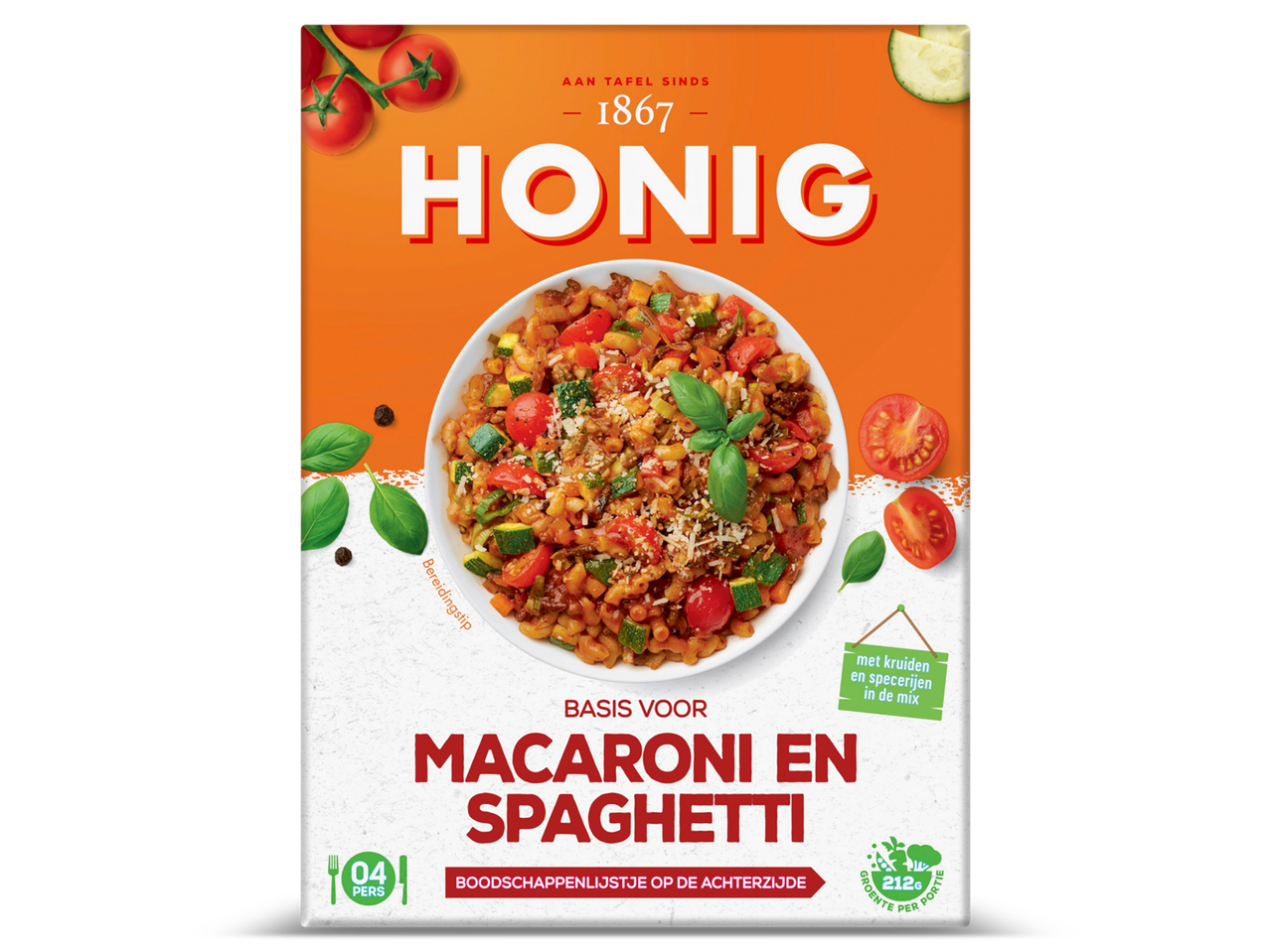 Honig mix voor macaroni en spaghetti met tomaten, courgette en basilicum.