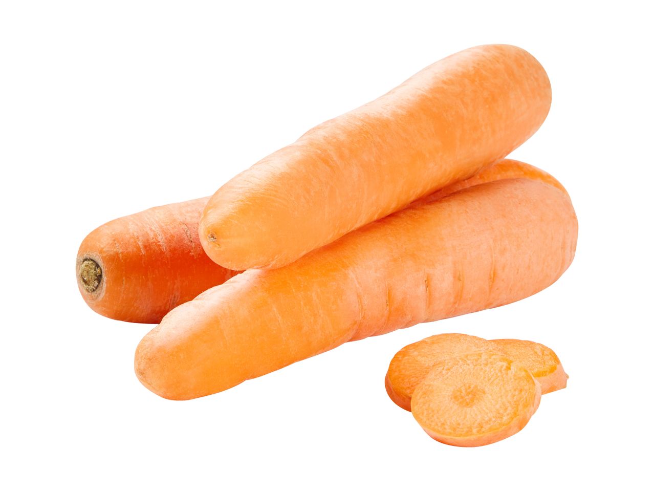 Three fresh carrots, two whole and one sliced, on a white background.