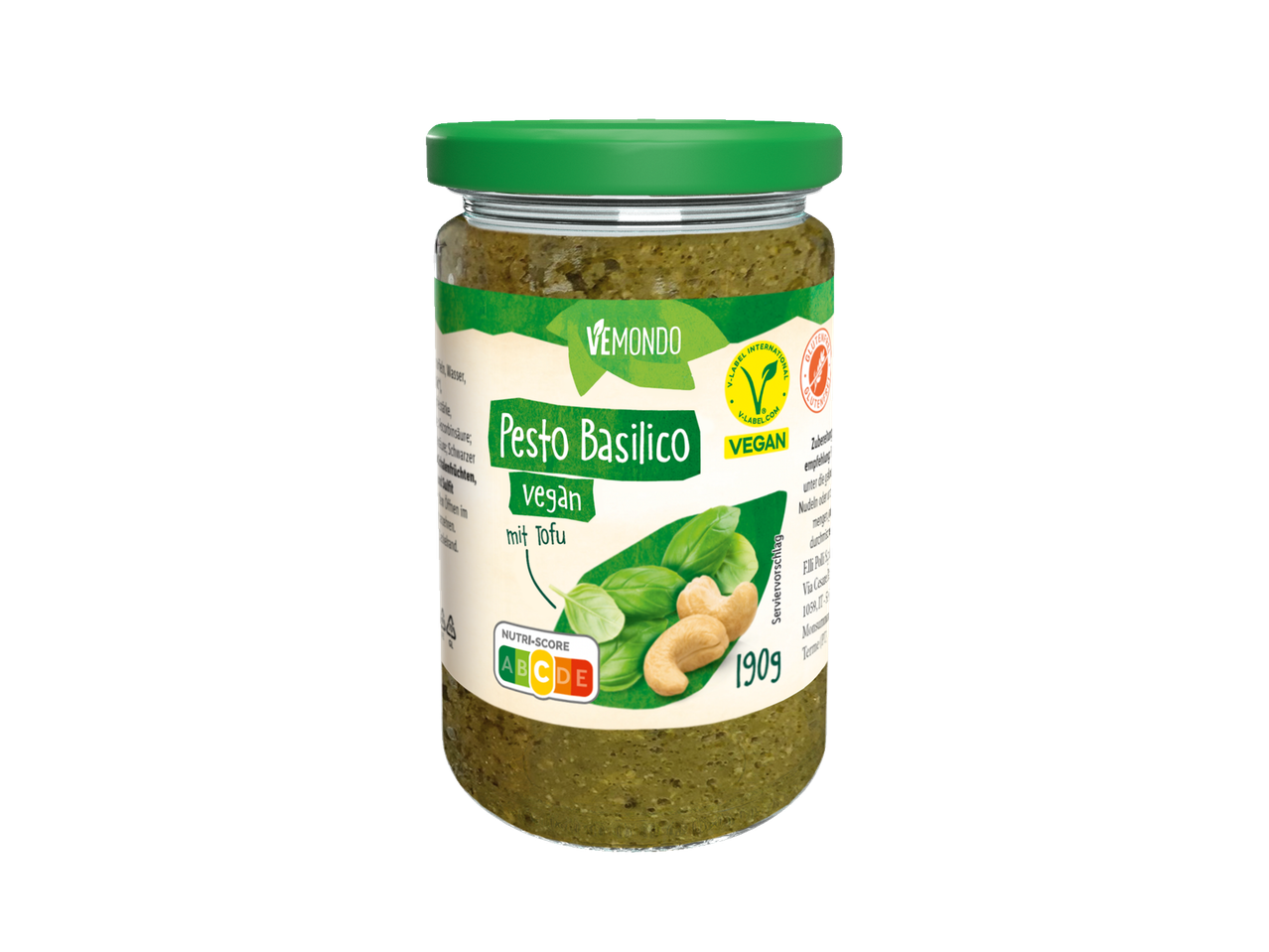 Veganes Pesto Vemondo mit Tofu, Basilikum und Cashews.