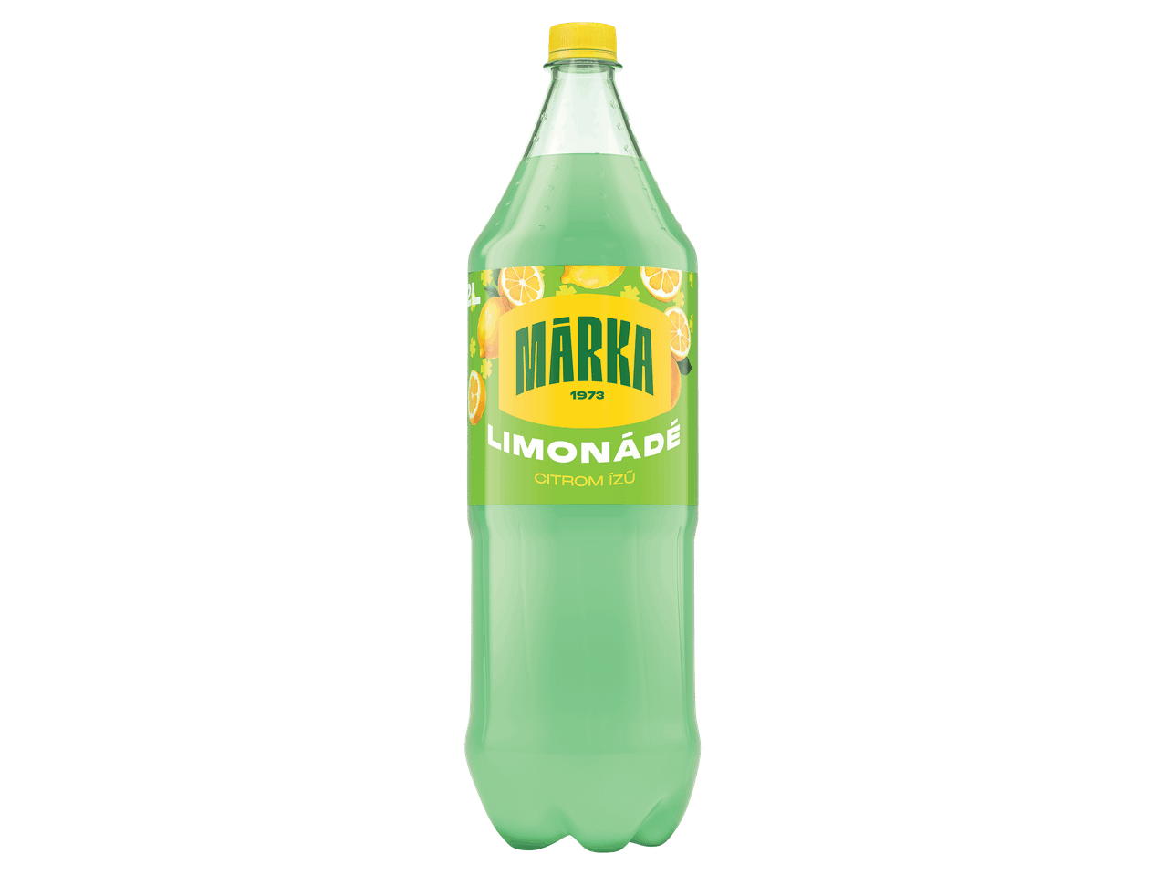 Citrom ízű limonádé zöldes színű, kétliteres műanyag palackban.