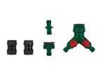 A set of green and black garden hose connectors, including a Y-splitter with red valves.