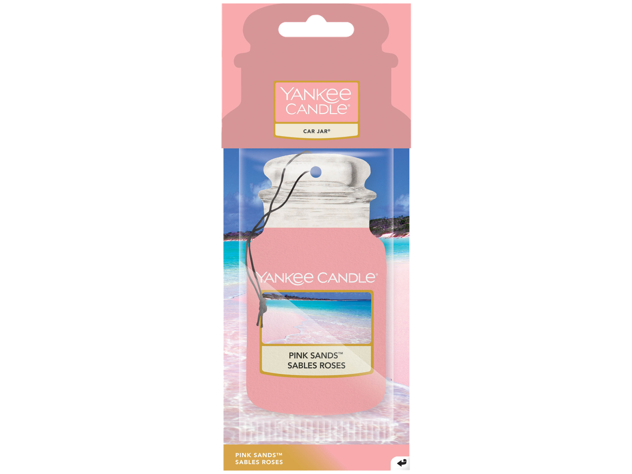 Yankee Candle Pink Sands Car Jar luchtverfrisser, gevormd als een kaarsenpot met strandtafereel.