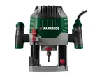 A green and grey plunge router with black handles and a red depth adjustment knob.