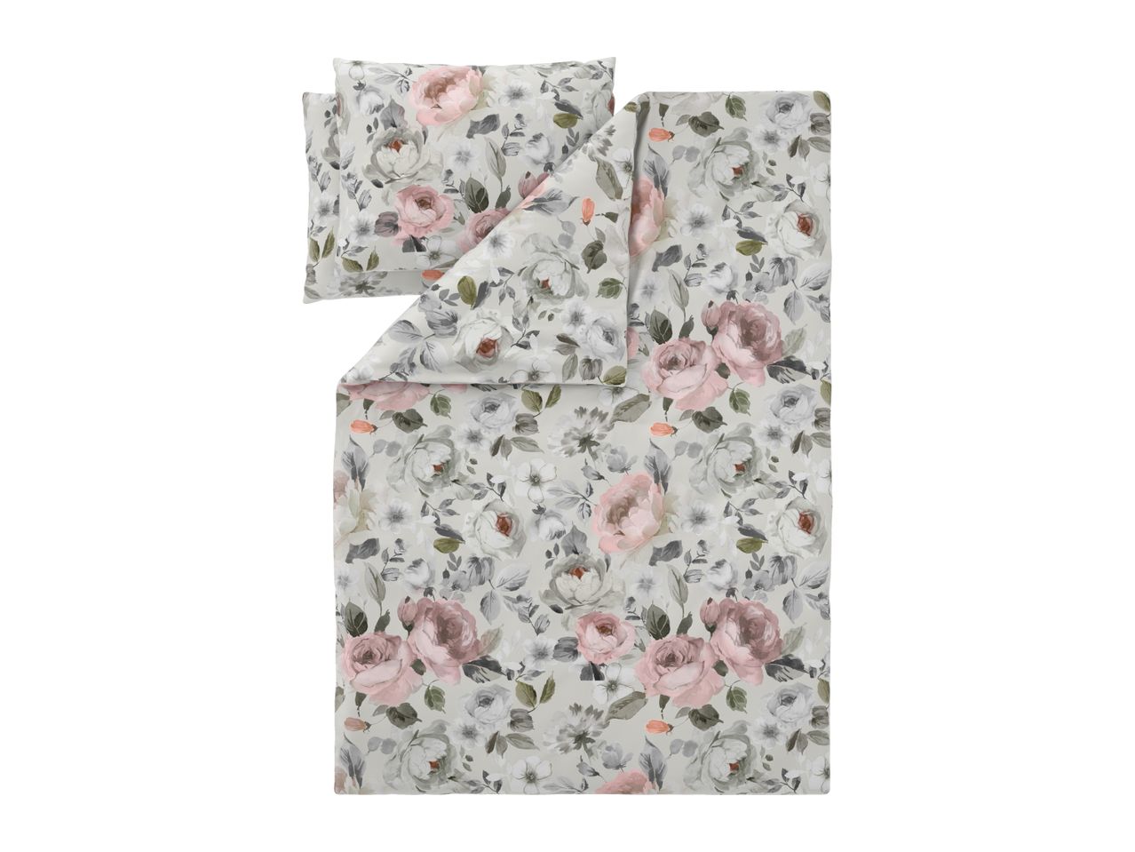 Floral duvet cover set with pink and grey roses on a light background.