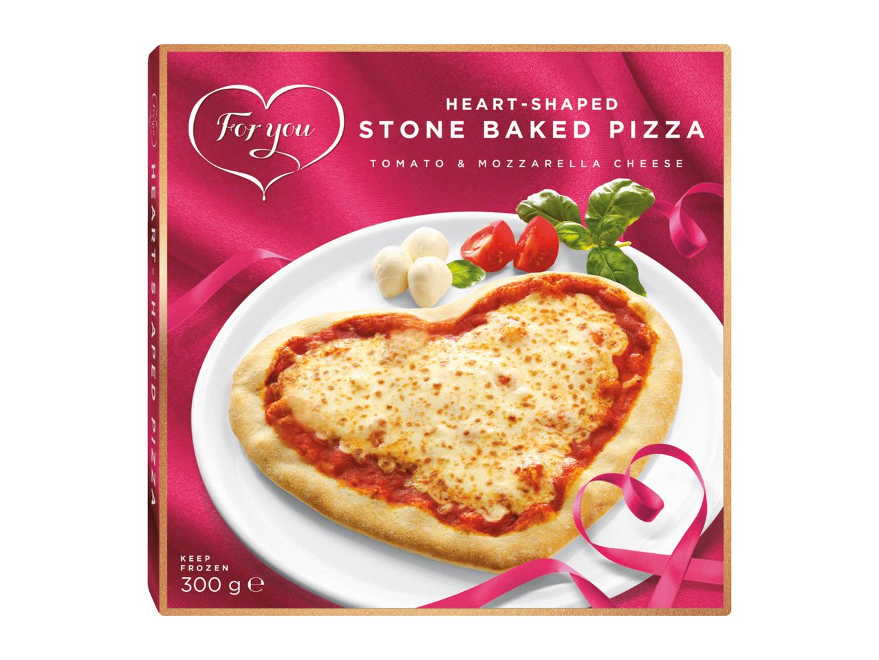 Heart-shaped stone baked pizza with tomato and mozzarella cheese, 300g.