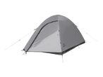 A grey dome tent with guy lines extended, ready for camping.