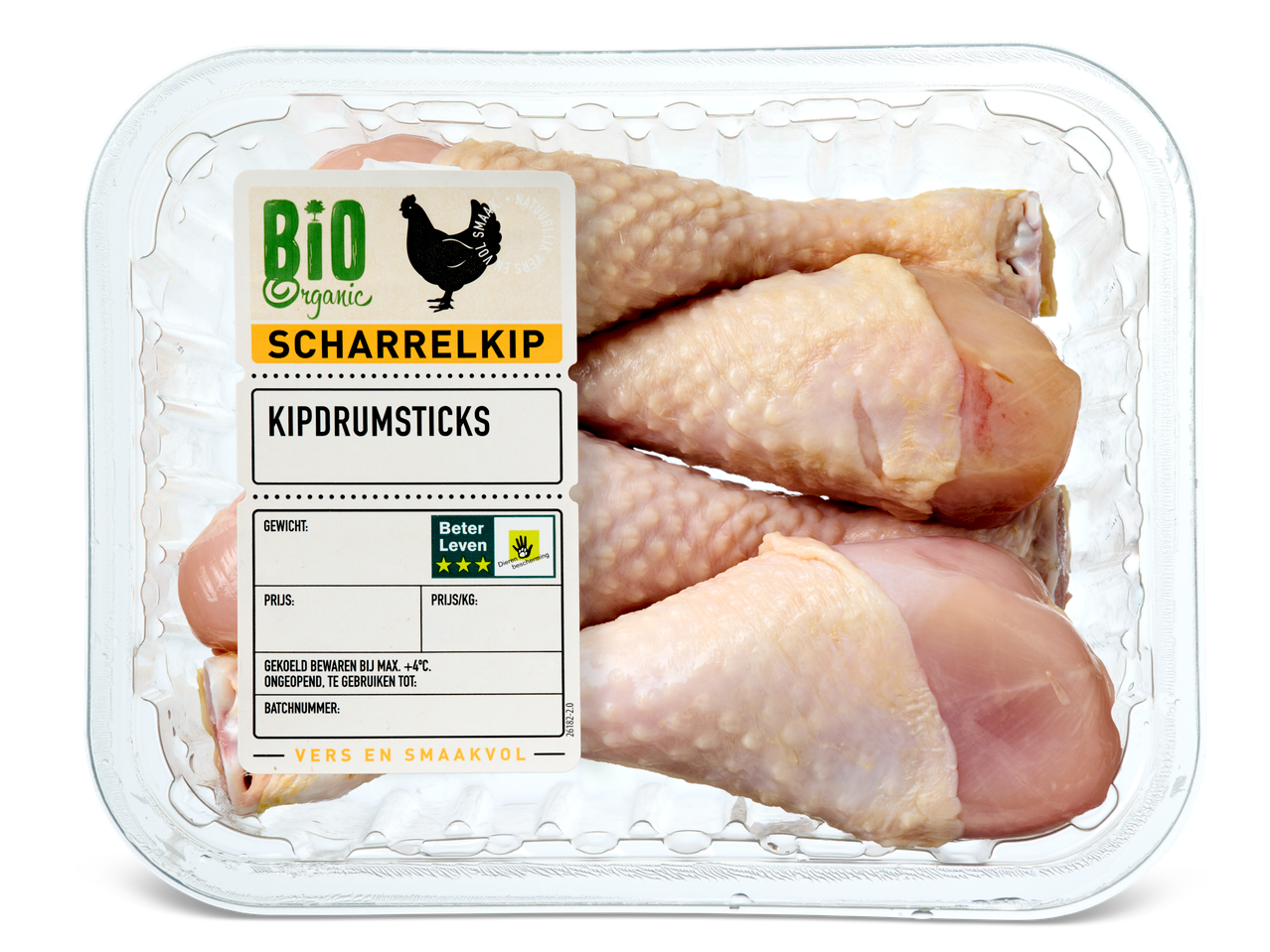 Biologische scharrelkip drumsticks van Beter Leven in een transparante verpakking.